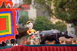 Biểu diễn múa rối cạn Tế Tiêu. (Ảnh: Khánh Hòa/TTXVN)
