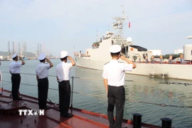 Cán bộ, chiến sỹ Lữ đoàn 171 (phường Rạch Dừa, Thành phố Hồ Chí Minh) chào tàu 17. (Ảnh: Huỳnh Sơn/TTXVN)