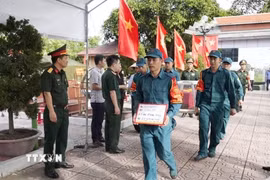 Các thành viên tổ công tác thực hiện nghiêm ngặt quy trình kỹ thuật, niêm phong và lập mã định danh cho các mẫu hài cốt liệt sỹ phục vụ xây dựng cơ sở dữ liệu gene. (Ảnh: TTXVN phát)