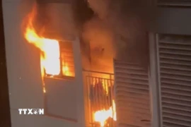 Căn hộ ở phường Long Trường xảy ra cháy khiến ba mẹ con bị thương nặng, sáng 24/1. (Ảnh: TTXVN phát)