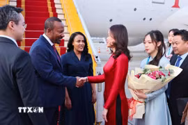 Thứ trưởng Ngoại giao Nguyễn Minh Hằng đón Thủ tướng Ethiopia Abiy Ahmed Ali và Phu nhân tại Sân bay quốc tế Nội Bài. (Ảnh: Minh Đức/TTXVN)