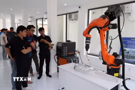 Thử nghiệm robot công nghiệp tại Trung tâm Đào tạo, Nghiên cứu và Phát triển Ứng dụng Robot Công nghiệp và Trí tuệ nhân tạo (Trường Đại học Bách khoa-Đại học Đà Nẵng). (Ảnh: Khoa Chương/TTXVN)