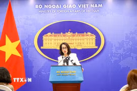 Người phát ngôn Bộ Ngoại giao Phạm Thu Hằng trả lời các câu hỏi của phóng viên các cơ quan báo chí. (Ảnh: Quỳnh Anh/TTXVN phát)