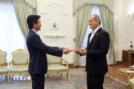Đại sứ Việt Nam tại Iran Nguyễn Lương Ngọc trình Thư ủy nhiệm lên Tổng thống Iran Masoud Pezeshkian. (Ảnh: TTXVN phát)