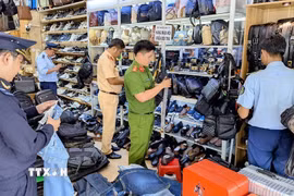 Tổ liên ngành tỉnh An Giang kiểm tra, phát hiện và thu giữ số lượng lớn hàng hóa không rõ nguồn gốc bị tại một cửa hàng giữ trung tâm thành phố Long Xuyên. (Ảnh: TTXVN phát)