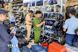 Tổ liên ngành tỉnh An Giang kiểm tra, phát hiện và thu giữ số lượng lớn hàng hóa không rõ nguồn gốc bị tại một cửa hàng giữ trung tâm thành phố Long Xuyên. (Ảnh: TTXVN phát)