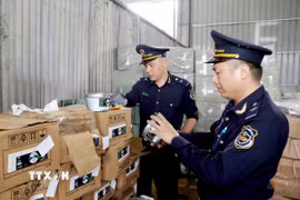 Lực lượng Hải quan kiểm tra nhãn mác hàng hóa nhập khẩu tại kho bãi khu vực cửa khẩu. (Ảnh: TTXVN phát)