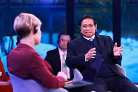 Thủ tướng Chính phủ Phạm Minh Chính đối thoại với WEF về tầm nhìn của Việt Nam về đổi mới sáng tạo và vai trò toàn cầu. (Ảnh: Dương Giang/TTXVN)