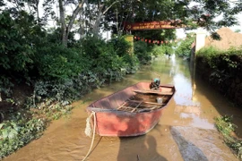 Đường vào thôn Tân Nhiên ở ven sông, xã Nhật Tiến, huyện Hữu Lũng, tỉnh Lạng Sơn bị ngập ngày 26/6. (Ảnh: Văn Đạt/TTXVN)