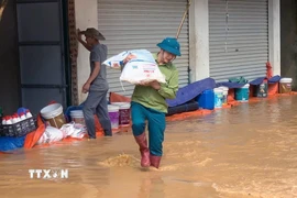 Vận chuyển tài sản của nhân dân xã Bó Sinh đến nơi an toàn. (Ảnh: TTXVN phát)