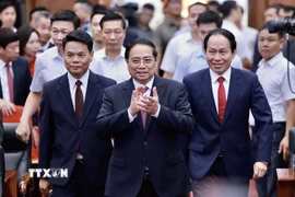 Thủ tướng Phạm Minh Chính đến dự Lễ công bố các nghị quyết, quyết định của Trung ương về sáp nhập đơn vị hành chính cho thành phố Hải Phòng. (Ảnh: Dương Giang/TTXVN)