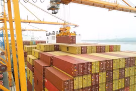 Bến số 3, số 4 của Cảng Lạch Huyện đón chuyến tàu thử nghiệm đầu tiên của hãng tàu Mediterranean Shipping Company S.A (MSC). (Ảnh: Hoàng Ngọc/TTXVN)