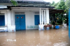 Nước lũ gây ngập nhiều nhà dân ở thôn Hội Nhơn, xã Hàm Liêm. (Ảnh: Hồng Hiếu/TTXVN)