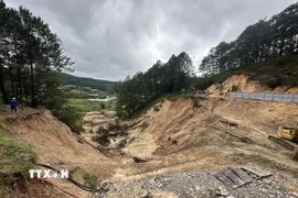 Sạt lở ở đèo Mimosa. (Ảnh: Chu Quốc Hùng/TTXVN)