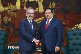 Thủ tướng Phạm Minh Chính tiếp Bộ trưởng Quốc vụ, Bộ trưởng Ngoại giao Bồ Đào Nha Paulo Rangel đang thăm chính thức Việt Nam. (Ảnh: Dương Giang/TTXVN)