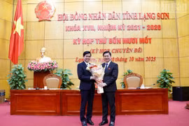 Ông Hoàng Quốc Khánh, Bí thư Tỉnh ủy Lạng Sơn chúc mừng ông Đinh Hữu Học (bên trái ảnh) được bầu giữ chức Phó Chủ tịch UBND tỉnh Lạng Sơn nhiệm kỳ 2021-2026. (Nguồn: Báo Điện tử Chính phủ)