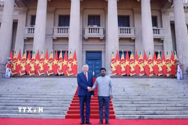 Tổng thống Sri Lanka Anura Kumara Dissanayake chủ trì lễ đón Tổng Bí thư, Chủ tịch nước Tô Lâm. (Ảnh: Thống Nhất/TTXVN)