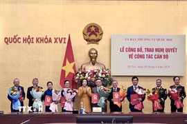 Phó Chủ tịch Quốc hội Nguyễn Thị Thanh tặng hoa các đồng chí đại biểu Quốc hội hoạt động chuyên trách ở Trung ương nghỉ hưu, nghỉ công tác theo quy định. (Ảnh: Đỗ Bình/TTXVN)