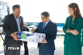 Thủ tướng Phạm Minh Chính ký vào lô hàng thịt bò đầu tiên của Brazil xuất sang Việt Nam. (Ảnh: Dương Giang/TTXVN)