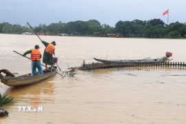 Công nhân dọn rác do lũ cuốn dạt vào bờ Nam sông Hương, thành phố Huế sáng 2/11. (Ảnh: Nguyên Lý /TTXVN)