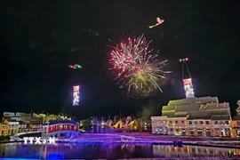 Màn trình diễn drone tái hiện hình tượng rồng-phượng trên bầu trời Hội An. (Ảnh: Trần Lê Lâm/TTXVN)