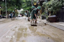 Bộ đội giúp nhân dân làm sạch, thu gom rác thải, tẩy rửa môi trường. (Ảnh: Trần Tĩnh/TTXVN)