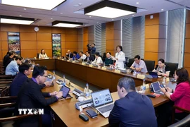 Đoàn đại biểu Quốc hội các tỉnh Vĩnh Long và Sơn La thảo luận ở tổ. (Ảnh: Doãn Tấn/TTXVN)