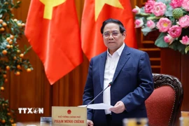 Thủ tướng Phạm Minh Chính chủ trì cuộc làm việc của Thường trực Chính phủ với lãnh đạo thành phố Hà Nội về Quy hoạch tổng thể Thủ đô Hà Nội tầm nhìn 100 năm. (Ảnh: Dương Giang/TTXVN)
