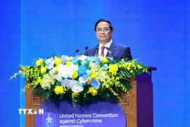 Thủ tướng Phạm Minh Chính phát biểu đề dẫn Phiên thảo luận toàn thể cấp cao thứ nhất tại Lễ mở ký Công ước Hà Nội. (Ảnh: Dương Giang/TTXVN)