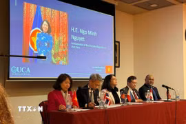 Đại sứ Việt Nam tại Argentina Ngô Minh Nguyệt phát biểu về chính sách đối ngoại của Việt Nam tại Đại học Công giáo Argentina (UCA). (Ảnh: Diệu Hương/TTXVN)