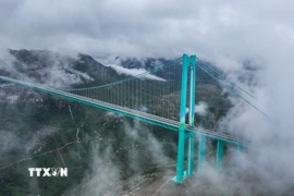 Với độ cao kỷ lục 625 mét so với mặt sông Bắc Bàn, cây cầu dài 1,4km này cao gấp 9 lần so với cầu Cổng Vàng nổi tiếng ở San Francisco (Mỹ), vốn chỉ cách mặt nước 67 mét. (Ảnh: THX/TTXVN)