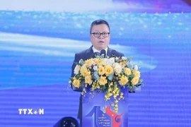 Ông Lê Quốc Minh, Ủy viên Trung ương Đảng, Phó Trưởng Ban Tuyên giáo và Dân vận Trung ương, Chủ tịch Hội Nhà báo Việt Nam, Tổng Biên tập báo Nhân Dân phát biểu tại Lễ trao Giải Báo chí Quốc gia lần thứ XIX. (Ảnh: Minh Quyết/TTXVN)