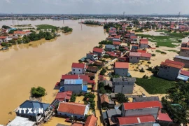 Nhiều hộ dân thôn Ngô Đạo, xã Đa Phúc (Hà Nội) bị ngập sâu đến hơn 2m do lũ sông Cầu dâng cao. (Ảnh: Hoàng Hiếu/TTXVN)