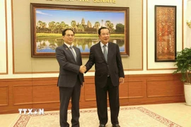 Chủ tịch Thượng viện Campuchia Samdech Techo Hun Sen (phải) đón Phó Thủ tướng Chính phủ Bùi Thanh Sơn tại trụ sở Thượng viện. (Ảnh: Huỳnh Thảo/TTXVN)