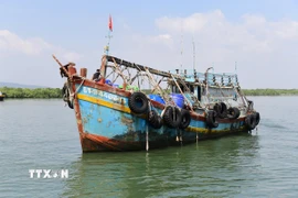 Tàu BT 94466 TS đang được neo giữ chờ xử lý. (Ảnh: TTXVN phát)
