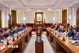 Chủ tịch Quốc hội Trần Thanh Mẫn hội đàm với Chủ tịch Hạ viện Maroc Rachid Talbi Alami. (Ảnh: Doãn Tấn/TTXVN)