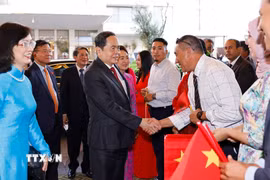 Đại sứ Việt Nam tại Maroc Lê Kim Quy cùng cán bộ, nhân viên Đại sứ quán và bà con người Việt Nam đón Chủ tịch Quốc hội Trần Thanh Mẫn và Phu nhân. (Ảnh: Doãn Tấn/TTXVN)