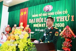 Phó Bí thư Đảng ủy, Chỉ huy trưởng Bộ Chỉ huy Quân sự tỉnh Quảng Trị Đoàn Sinh Hòa phát biểu chỉ đạo đại hội. (Ảnh: Tường Vi/TTXVN)