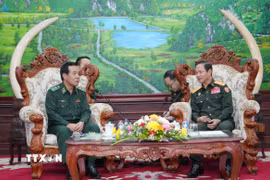 Thượng tướng Khamlieng Outhakaysone, Bộ trưởng Quốc phòng Lào tiếp Trung tướng Lê Đức Thái, Tư lệnh Bộ đội Biên phòng Việt Nam. (Ảnh: Xuân Tú/TTXVN)
