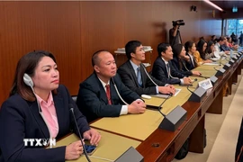 Phó Trưởng Phái đoàn Việt Nam tại Geneva Cung Đức Hân (thứ tư từ trái sang) cùng các thành viên đoàn liên ngành Việt Nam trong phiên bỏ phiếu các nghị quyết. (Ảnh: TTXVN phát)