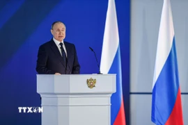 Tổng thống Nga Vladimir Putin phát biểu tại thủ đô Moskva. (Ảnh: THX/TTXVN)