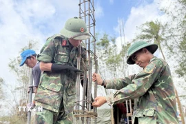 Xây dựng nhà cho ở cho các hộ gia đình có nhà bị sập, đổ, trôi do cơn bão số 13 và đợt mưa lũ lịch sử trong tháng 11 vừa qua. (Ảnh: Tường Quân/TTXVN)