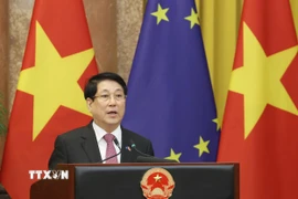 Chủ tịch nước Lương Cường thông báo về kết quả hội đàm. (Ảnh: Lâm Khánh/TTXVN)