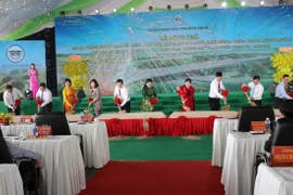 Các đại biểu thực hiện nghi thức động thổ dự án. (Ảnh: Đậu Tất Thành/TTXVN)
