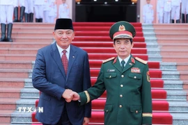 Đại tướng, Bộ trưởng Bộ Quốc phòng Phan Văn Giang và Bộ trưởng Bộ Quốc phòng Indonesia Sjafrie Sjamsoeddin tại lễ đón. (Ảnh: An Đăng/TTXVN)
