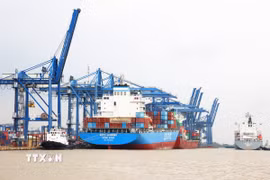 Bốc dỡ hàng hóa xuất nhập khẩu ở cảng Cát Lái, Thành phố Hồ Chí Minh. (Ảnh: Hồng Đạt/TTXVN)