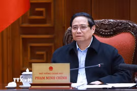 Thủ tướng Phạm Minh Chính chủ trì cuộc họp đẩy nhanh tiến độ dự án Cảng Hàng không Quốc tế Long Thành. (Ảnh: Dương Giang/TTXVN)
