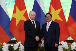 Thủ tướng Phạm Minh Chính hội kiến Tổng thống Liên bang Nga Vladimir Putin thăm cấp Nhà nước tới Việt Nam chiều 20/6/2024, tại Trụ sở Chính phủ. (Ảnh: Dương Giang/TTXVN)