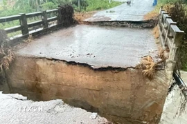 Mưa lớn kéo dài khiến 2 mố cầu số 1 ở khu phố Minh Thành 5, phường Chơn Thành (Đồng Nai) bị sập. (Ảnh: TTXVN phát)