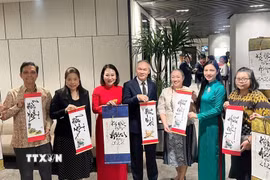 Tổng lãnh sự các nước thành viên ASEAN tại Thành phố Hồ Chí Minh và những bức thư pháp được tặng tại buổi họp mặt. (Ảnh: Xuân Khu/TTXVN)